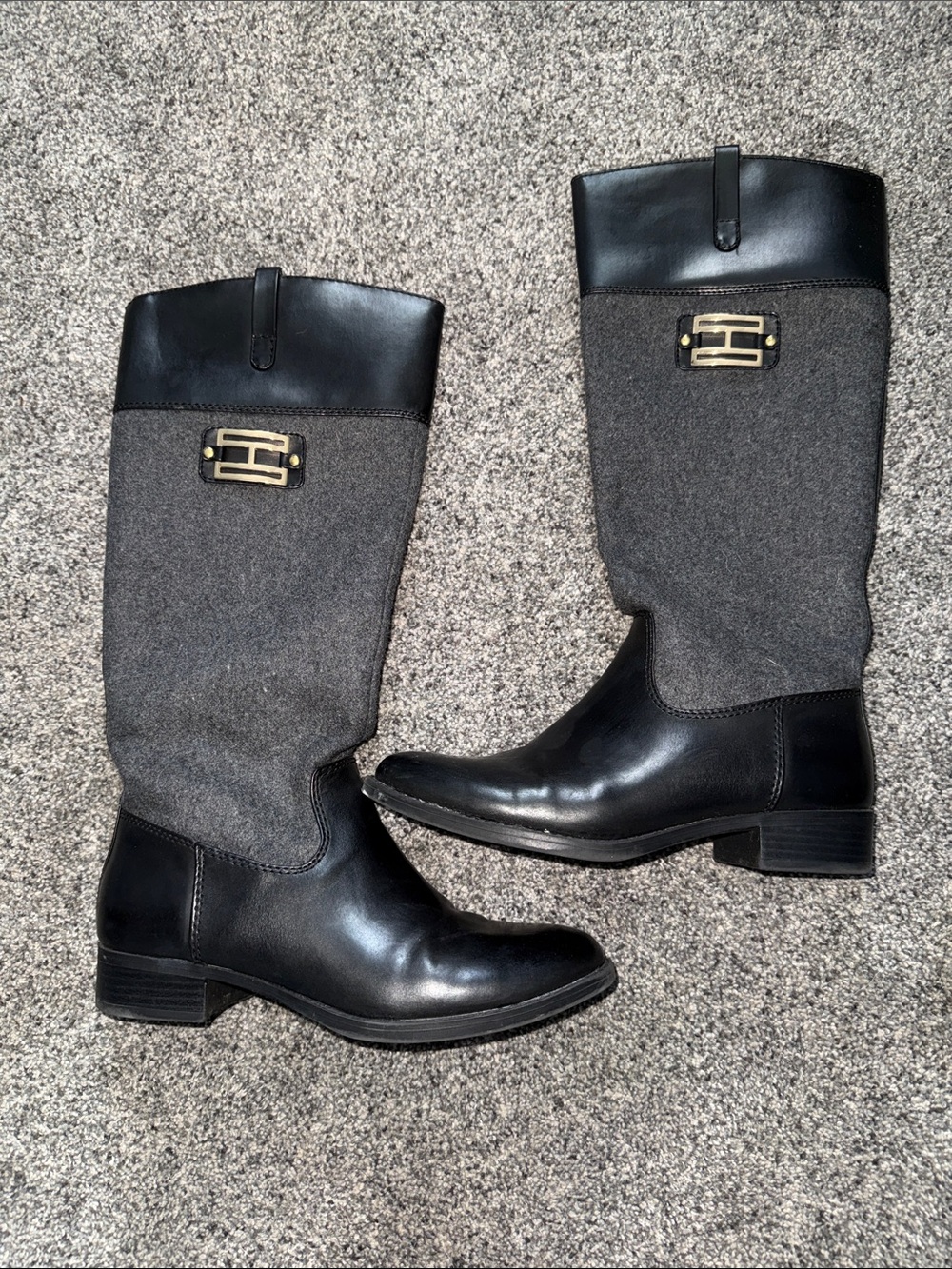 Tommy Hilfiger Black and Gray Women's Riding Boots with Gold Accent